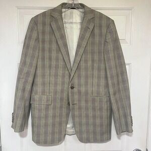 Mens 40R Cotton‎ Duchamp London Tailored Fit Grey Brown Plaid Blazer Jacket